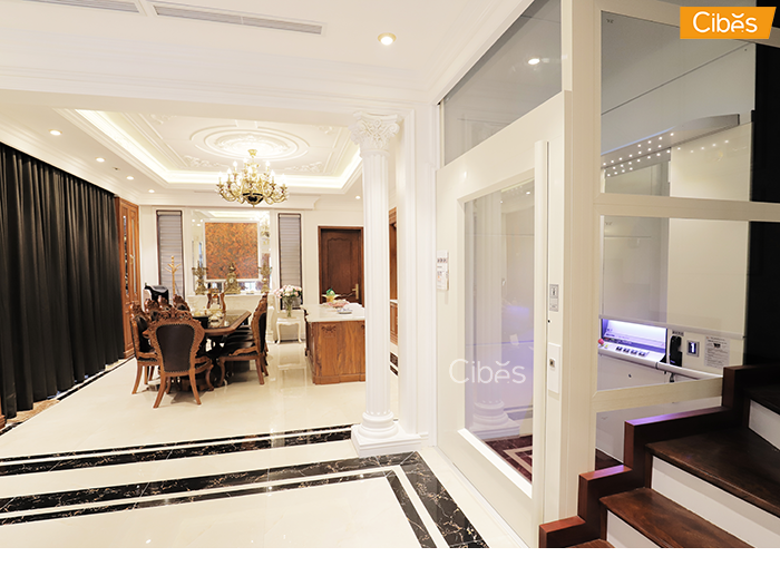 Thang máy gia đình màu trắng mang đến vẻ đẹp thanh lịch, trang nhã